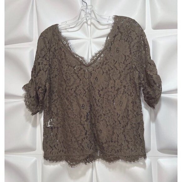 Joie Sz S Olive Brown Deep V Sheer Scalloped Eyelash Lace Top Blouse Ruched - Picture 8 of 12